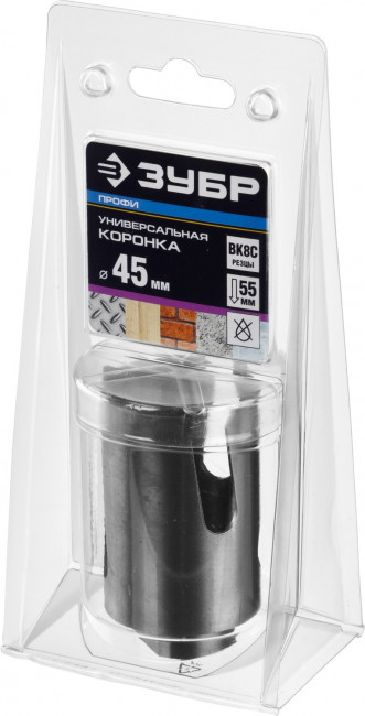 Коронка ЗУБР "ПРОФИ" "ПРОУНИВЕРСАЛ", твердосплав резцы, бетон, кирпич, керам, цв мет, гипсокарт, пласт, дерево, d=45мм ,  ( 29514-45 )