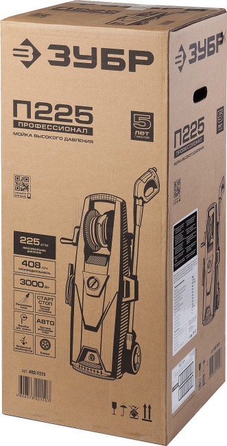 Мойка высокого давления (минимойка) электр, ЗУБР Профессионал АВД-П225, макс. 225Атм,408л/ч,3000Вт,колеса,бесщет двиг,АВТО-СТОП,барабан,пистолет 375,  ( АВД-П225 )