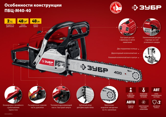 ЗУБР ПБЦ-М40-40 бензопила, 40 см3, шина 40 см ( ПБЦ-М40-40 )