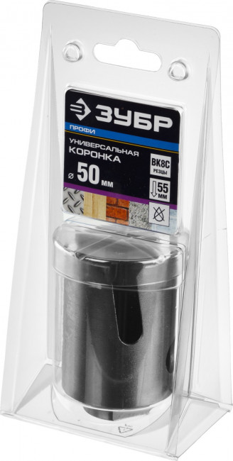 Коронка ЗУБР "ПРОФИ" "ПРОУНИВЕРСАЛ", твердосплав резцы, бетон, кирпич, керам, цв мет, гипсокарт, пласт, дерево, d=50мм ,  ( 29514-50 )