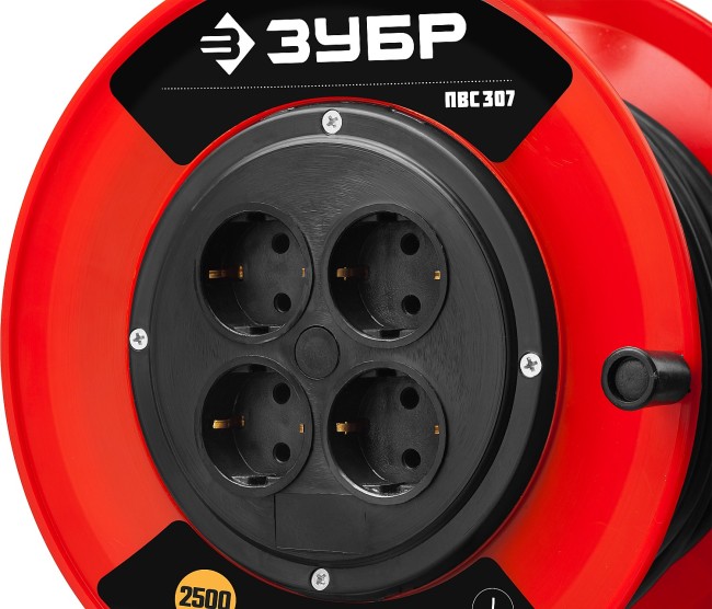 Удлинитель на катушке ПВС 307, 40 м, 2500 Вт, 4 гнезда, ПВС 3х0,75 кв мм, ЗУБР,  ( 55083-40 )