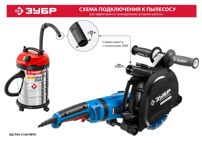 Штроборез (бороздодел), ЗУБР, макс. глуб. 45 мм, 180 мм, подключ. пылесоса, плавный пуск, защита от перегрузки, 2100 Вт,  ( ЗШ-П45-2100 ПВТК )