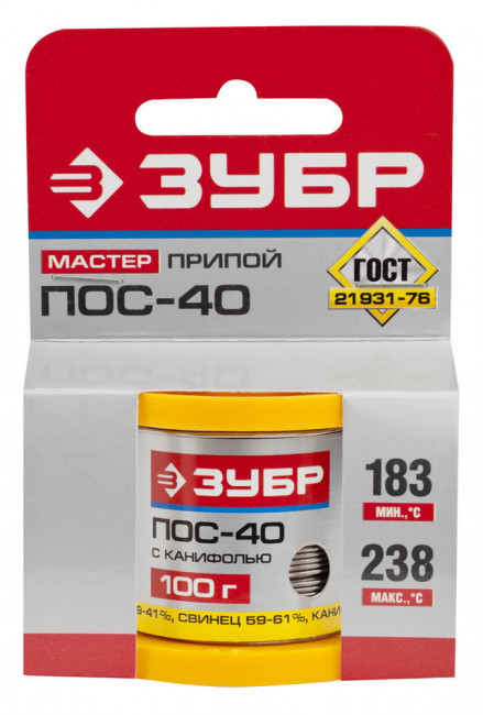 Припой ЗУБР, ПОС 40, трубка с канифолью, 100г, 1мм, ( 55451-100-10C ) Припой ЗУБР, ПОС 40, трубка с канифолью, 100г, 1мм, ( 55451-100-10C )