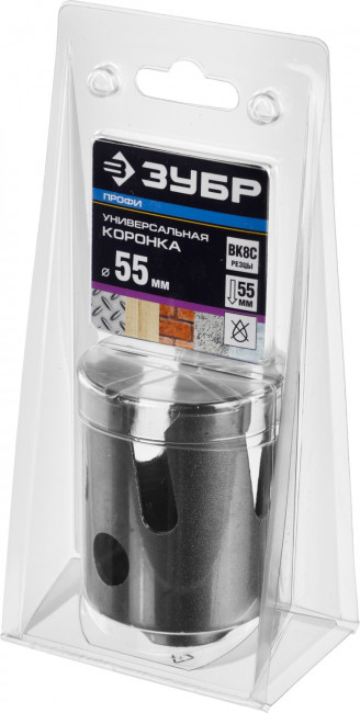 Коронка ЗУБР "ПРОФИ" "ПРОУНИВЕРСАЛ", твердосплав резцы, бетон, кирпич, керам, цв мет, гипсокарт, пласт, дерево, d=55мм ,  ( 29514-55 )