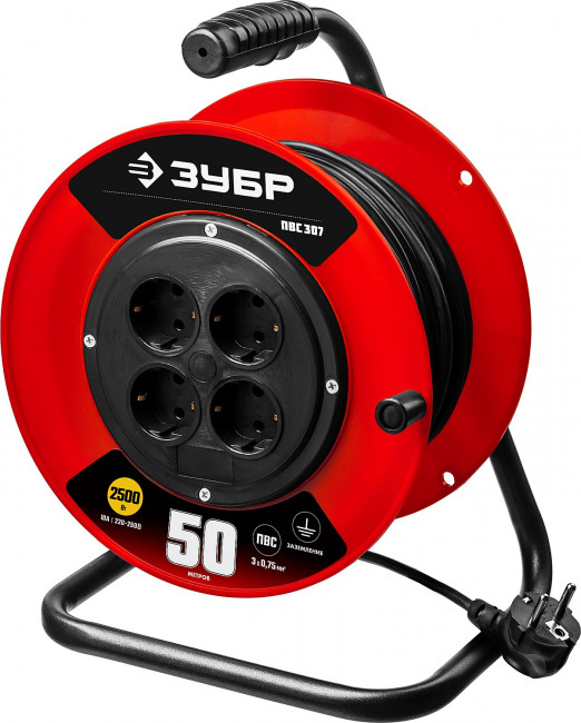 Удлинитель на катушке ПВС 307, 50 м, 2500 Вт, 4 гнезда, ПВС 3х0,75 кв мм, ЗУБР,  ( 55083-50 )