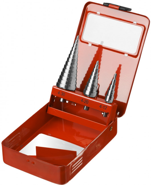 Набор ЗУБР "МАСТЕР": Ступенчатые сверла по сталям и цвет.мет., быстрорежущая сталь, d=4-12мм,5 ступ. d=4-20 мм 9 ступ., d=4-30мм 14ступ.,  ( 29665-4-30-H3 )