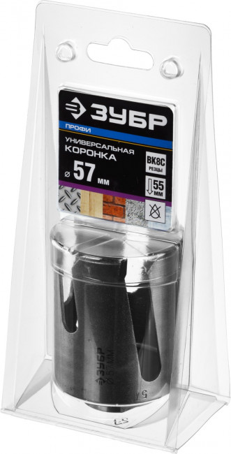 Коронка ЗУБР "ПРОФИ" "ПРОУНИВЕРСАЛ", твердосплав резцы, бетон, кирпич, керам, цв мет, гипсокарт, пласт, дерево, d=57мм ,  ( 29514-57 )