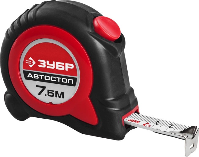 ЗУБР АВТОСТОП 8м / 25мм рулетка с автостопом и ударостойким обрезиненным корпусом,  ( 34052-08-25 )