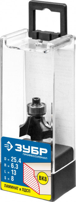 Фреза ЗУБР "ПРОФЕССИОНАЛ" кромочная калевочная №1, диаметр-25,4 мм, рабочая длина-13 мм, радиус-6,3 мм, хвостовик-8 мм, диаметр подшипника-12,7 мм, ( 28784-25.4 )