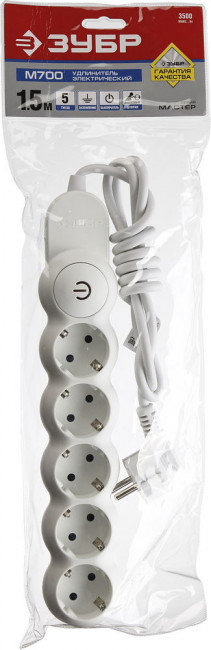 Удлинитель ЗУБР "МАСТЕР" электрический, ПВС сечение 1кв мм, выкл, заземл, защитная шторка, 5 гнезд, макс мощн 3500Вт, 1,5м,  ( 55059-1.5 )