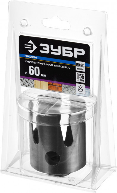 Коронка ЗУБР "ПРОФИ" "ПРОУНИВЕРСАЛ", твердосплав резцы, бетон, кирпич, керам, цв мет, гипсокарт, пласт, дерево, d=60мм ,  ( 29514-60 )