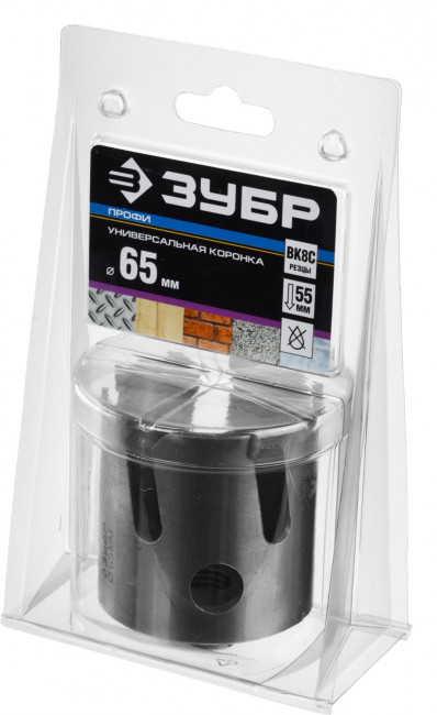 Коронка ЗУБР "ПРОФИ" "ПРОУНИВЕРСАЛ", твердосплав резцы, бетон, кирпич, керам, цв мет, гипсокарт, пласт, дерево, d=65мм ,  ( 29514-65 )