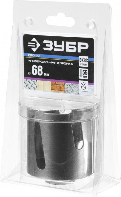 Коронка ЗУБР "ПРОФИ" "ПРОУНИВЕРСАЛ", твердосплав резцы, бетон, кирпич, керам, цв мет, гипсокарт, пласт, дерево, d=68мм ,  ( 29514-68 )