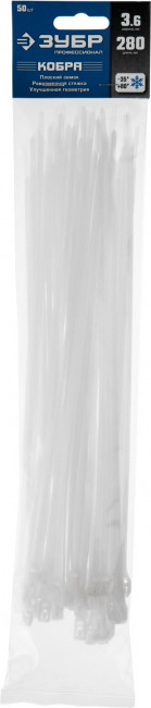 Кабельные стяжки белые КОБРА, с плоским замком, 3.6 х 280 мм, 50 шт, нейлоновые, ЗУБР Профессионал,  ( 30930-36-280 )