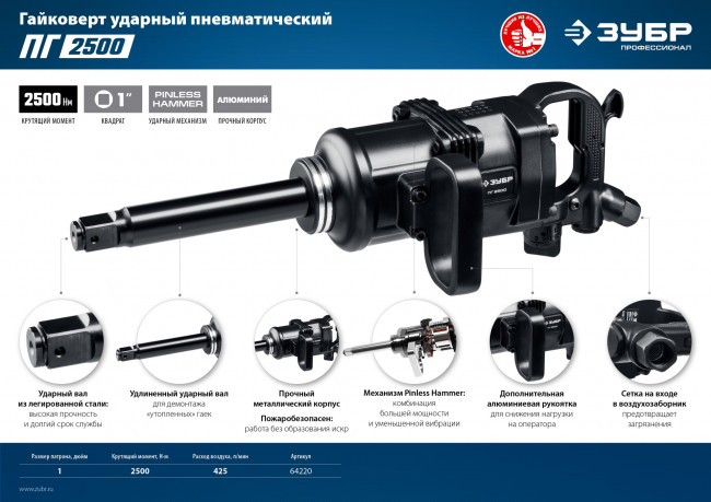 ЗУБР ПГ-2500, 1", 2500 Нм, ударный пневматический гайковерт ( 64220 ) ЗУБР ПГ-2500, 1", 2500 Нм, ударный пневматический гайковерт ( 64220 )