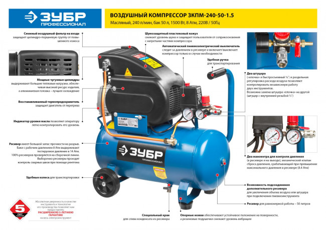 Компрессор воздушный, 240 л/мин, 50 л, 1500 Вт, ЗУБР,  ( ЗКПМ-240-50-1.5 )