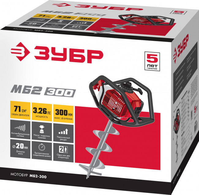 Мотобур (бензобур), d=60-300 мм, 71 см3, 2 оператора, ЗУБР,  ( МБ2-300 )